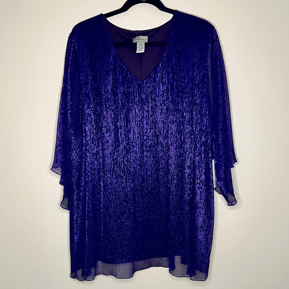 CATHRINES V Neck Flutter Tunic Blouse in an Shimmering Purple, Fully Lined 4X